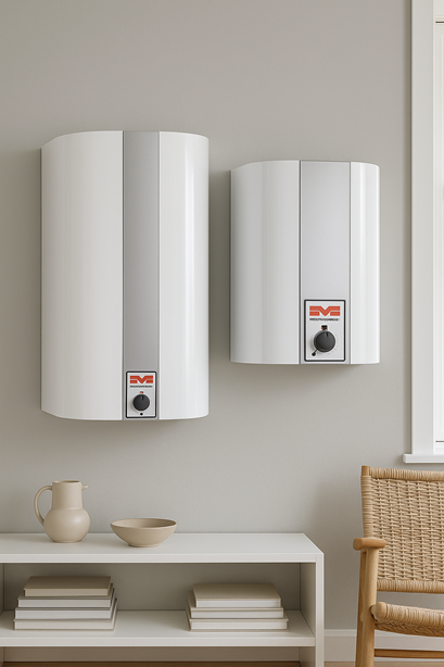 Electric water heater with HeatSync device installed